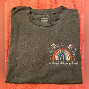 NEW SHEIN Charcoal Tee with Rainbow and Floral Design